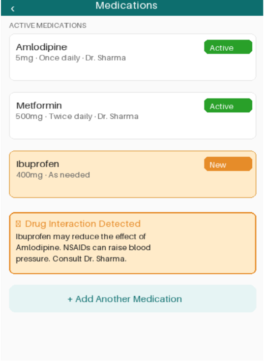 Medication list with AI-flagged drug interaction