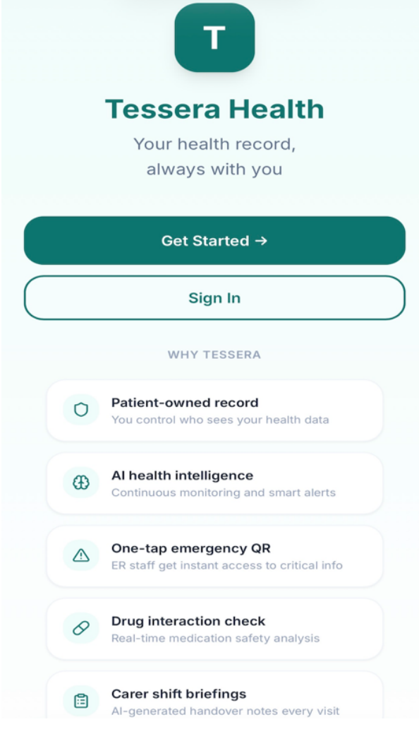 TesseraHealth landing screen